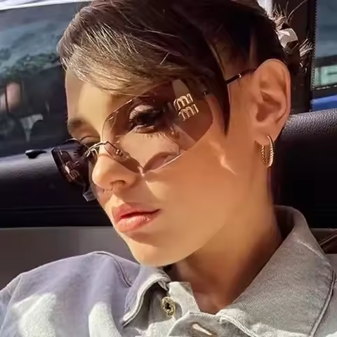 Funky Metal Luxury Rimless Sunglasses Women Brand Designer Rivets Rectangle Gradient Curved Shades C