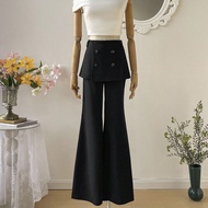 Black 2 In 1 Business Low-Waist Bell-Bottom, Skirt-Over-Pants Illusion,Daily, Y2K,Western,Country,Va