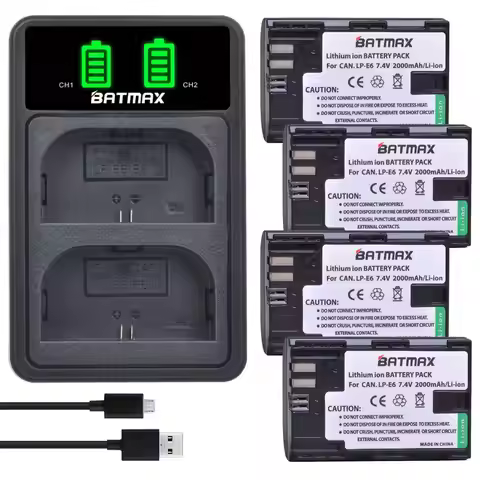 Batmax LP-E6 LPE6 E6N Battery+LED Dual Charger with Type C Port for Canon 5D Mark II III 5DS 7D 60D 