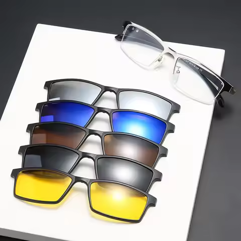 Eyeglasses Frame Men With 5 PCS Clip On Polarized Sunglasses Spectacle Magnetic Glasses Male UV400 E