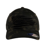 The Blackout American Flag 6277 Flexfit hat - Custom Embroidered Black USA flag flex-fitted baseball