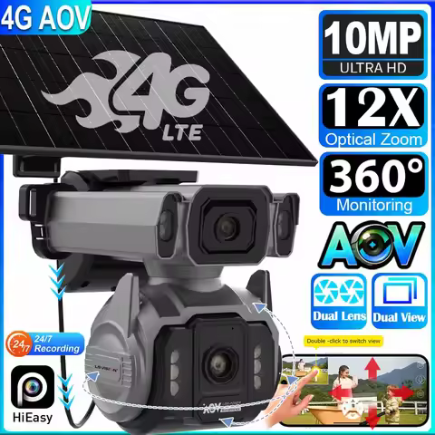 10MP AOV 4G SIM Solar Camera 12X Optical Zoom Dual Screen Outdoor Surveillance Camera 7/24 Hour Reco