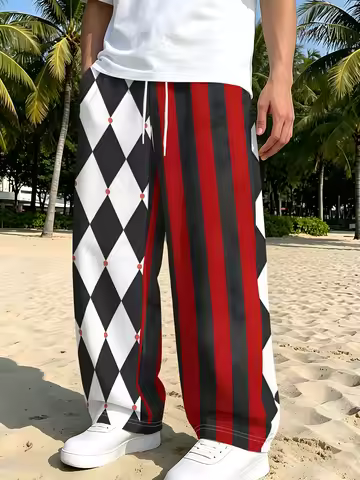 Asymmetric Printed Wide Leg Pants with Black and White Diamond Diamond Diamond Grid and Red Striped 