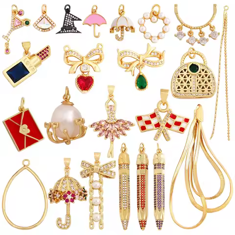 Trendy Umbrella Lipstick Handbag Charm Pendant,18K Gold Plated Cubic Zirconia Necklace Jewelry Findi