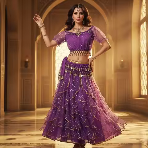 Women's Bollywood Indian Dance Costume Set Short Sleeve Choli Top Maxi Swing Skirt 7-Piece Sari Perf