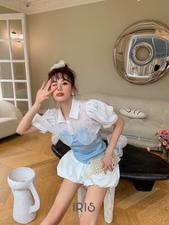 「สินค้าลิขสิทธิ์แท้」IRIS 25AW l IS25802 Blue sky shirt เสื้อผ้าผู้หญิง เสื้อแขนสั้นเเต่งซีทรู คอปก ใ