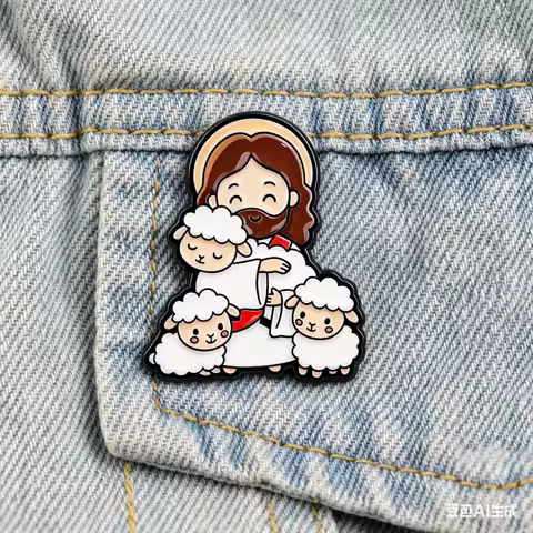 Cute Jesus and Sheep Enamel Pin Christian Brooch Religious Lapel Pin for Backpack Denim Jacket & Fai