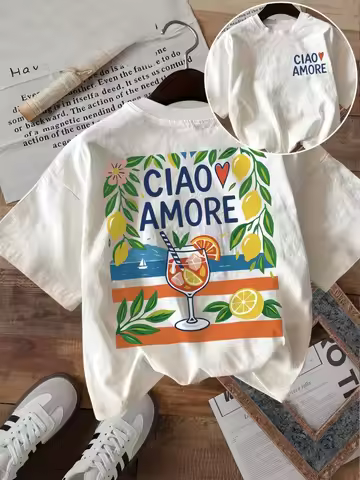Ciao Amore Italian Graphic T Shirt Women Summer Mediterranean Vacation Lemon Print Tee Retro Aesthet