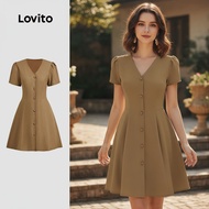 Lovito Elegant Dress Button Spring/summer Khaki Dress for Women L150AD726 Lovito Pakaian Elegan Buta