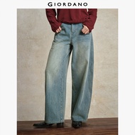 GIORDANO Women Jeans Light Worn Vintage Wash Jeans High Waist Wide Leg Five-Pocket Trendy Baggy Casu