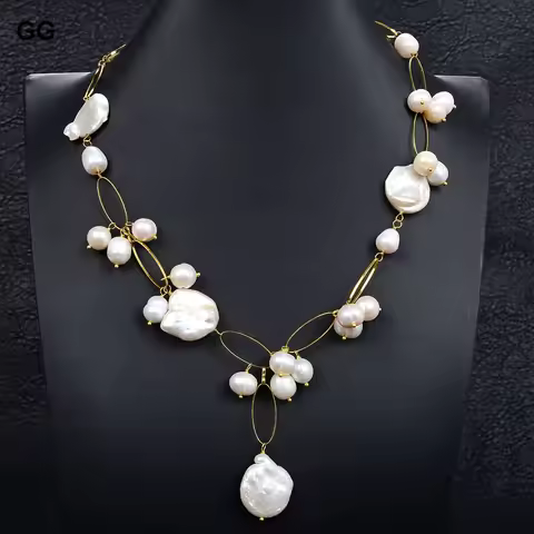 GuaiGuai Jewelry 21" Natural White Keshi Coin Pearl Gold Plated Chain Pendant Necklace For Women