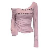 เสื้อยืดแขนยาวสีชมพู NASA สำหรับผู้หญิง ทรงสลิมฟิต ลายพิมพ์ ฤดูใบไม้ร่วง เสื้อชั้นในสไตล์อเมริกันหวา