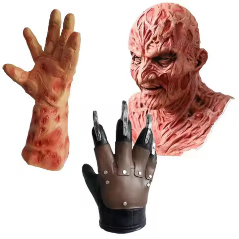 qq 123Freddy Cosplay Costume Adult Red Green Striped Top Suit Freddie Krueger Halloween Party Stage 