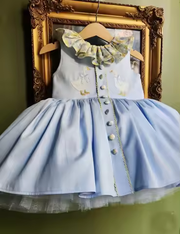 0-12Y Baby Girl Summer Blue Duck Embroidery Vintage Princess Dress for Birthday Photography Holiday 