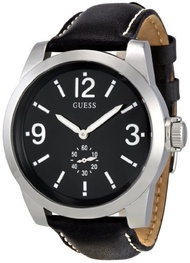Guess Men s U95196G1 Black Leather Analog Quartz Watch with Black Dial