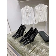 High Heel Patent Leather Shoes - Square Toe with Rhinestone Buckles | Inspired by Saint Laurent YSL 