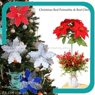 5head Red Poinsettia & Red Cherry , Christmas Flower 5 Head Per Bouquet / Christmas Flower