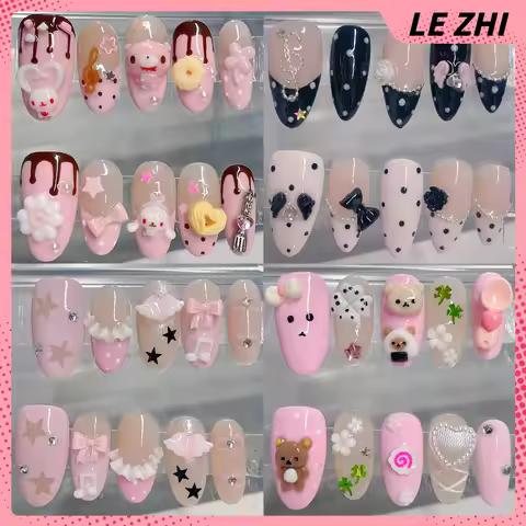Sweet Pink Rilakkuma Handmade Ellipse French Nail Party Sticker Flowers Bowknot Pearl Stars Wings Fo