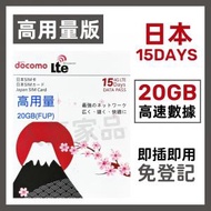 NTT Docomo - 【高用量版】日本 15天 20GB/FUP 高速4G 無限上網卡數據卡電話卡Sim咭 15日