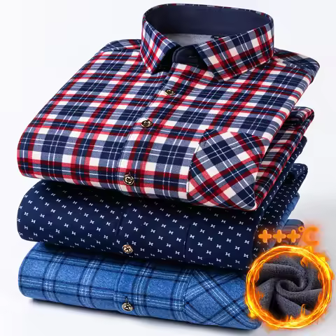 Thickened Double-Side Mens Plaid Shirt Fleece Lined Warm Long Sleeve Winter Print Casual Daily Soft