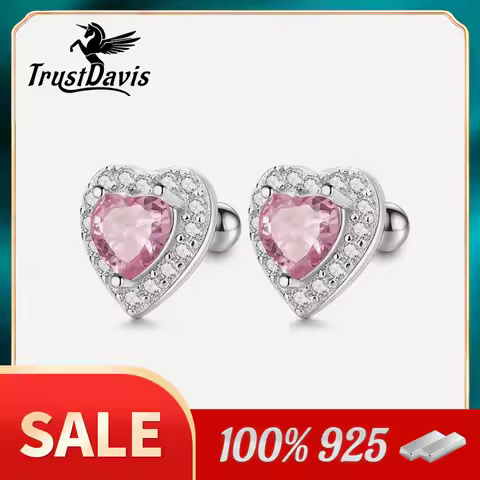 TrustDavis Authentic 925 Sterling Silver Pink Red Heart CZ Stud Earrings for Women Girls Kids Birthd