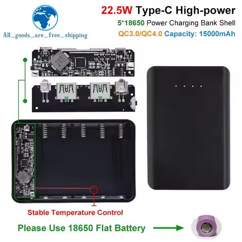 QC4.0 QC3.0 Dual USB Micro/Type-C USB 5*18650 Power Bank Battery Box 5V 4.5A 22.5W 15000mAh Mobile P