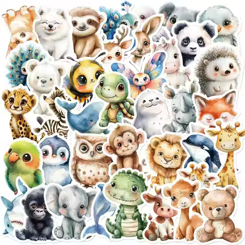 50Pcs Original Watercolor Animal Doodle Stickers - DIY Decor for Guitar/Tablet/Journal - Waterproof 