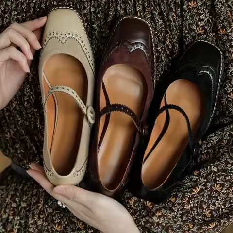 Women pumps natural leather 22-25cm length Brogues shoes Cowhide + sheep suede Mary Jane shoes Thick