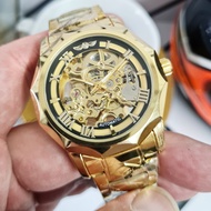 (COD) Jam Tangan Pria Original T-WINNER PLD Gold Otomatis Automatic Mechanical Mekanik Skeleton Rantai Besi Stainless Anti Air Water Resist