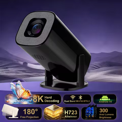 Portable Projector 300AMSI Native 720P HD 8K Video Decoding WiFi6 BT5.2 Android 14 For Bed Room Outd