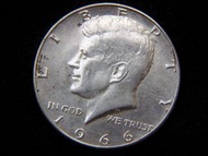 美國甘迺迪銀幣-1966年美國(USA)甘迺迪(JFK)故總統肖像大鷹國徽半圓(Silver Dollar)銀幣