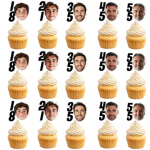 6/12pcs Personalized Face photo Birthday Cupcake Toppers 18th 21st 35th 45th 55th Anniversary Birthd