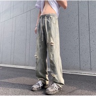 [PAGANS STORE] Korean American Style Destruction Washed Distressed Line Design Drawstring Denim Trou