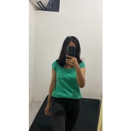 HIJAU (Nett) Preloved Green T-Shirt Green Top/ Green Top Knit/ Knit Top/ Square Neck Top Korean Top/