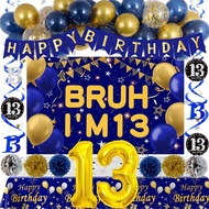 13th Birthday Decorations for Boys, 66PCS Blue and Gold Happy 13th Birthday Decorations Boy, Bruh I'