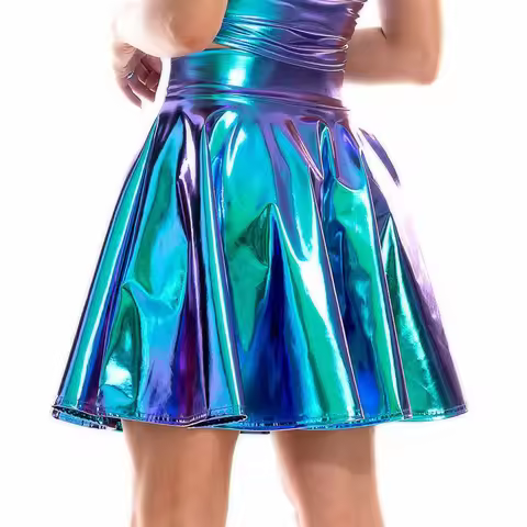 Womens Glossy High Waist Flare Skirt Club Stage Costume Party Dancewear Shiny Metallic Wetlook Clubw