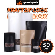 50pcs Kraft Paper Stand Up Zip Lock Pouch Bag Resealable Black White Food Packaging Bag with Window