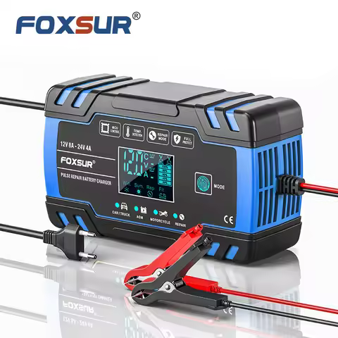 FOXSUR 12V 24V Pulse Repair Battery Charger Car Motor Truck AGM Lead-acid LCD Display Automatic Batt