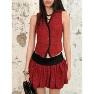 Red Tweed Evening Gilet and Fluffy Skirt Set - HOO DESIGN