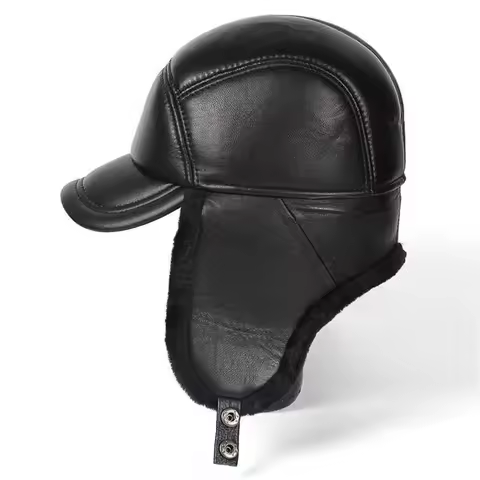 Winter Hat Men Genuine Leather Sheepskin Bomber Hat Earflap Black Warm Thick Ski Snow Windproof Male