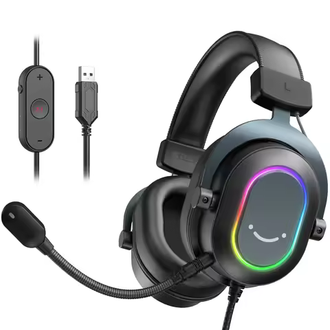 Fifine Dynamic RGB Gaming Headset with Mic Over-Ear Headphones 7.1 Surround Sound PC PS4 PS5 3 EQ Op