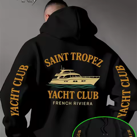 Men's Saint Tropez Hoodie Yacht Club Graphic Back Sleeve Print Oversized Pocket Pullover Sweatshirt 