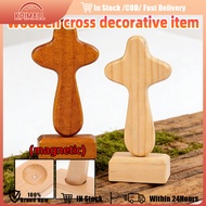 Wooden Cross Figurine with Display Base Compact Altar Crucifix Vintage Christian Home Decor
