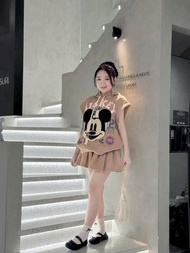 Set bộ hoodie ngắn tay có mũ họa tiết đáng yêu kèm chân váy xếp ly dễ thương MTB