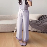 【FAVOR】XS-2XL กางเกงยีนส์เอวสูง ทรงกระบอก ขากว้าง โทนม่วงอ่อน แฟชั่นเกาหลี ใส่สบาย แมทช์ง่าย