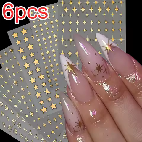 3D Golden Stellar Spikes Nail Stickers Set 10*8cm 6pcs Pentagram Star Letter Y2K Nail Decals DIY Ret