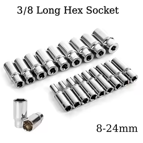 Hex Long Socket Metric Chrome Vanadium Socket Set 3/8" – 6-Point Deep 8mm–24mm, Pro Grade for Auto &