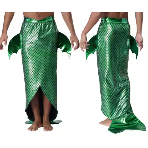 Men Mermaid Poseidon King of The Sea Cosplay Costume Metallic Shiny Fish Scale Printed Mermaid Tail 