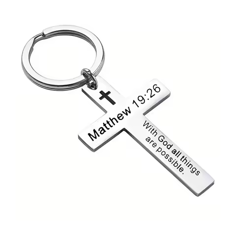 Christian Bible Verse Cross Pendant Keychain Stainless Steel Religious Psalm Prayer Key Chain Keyrin