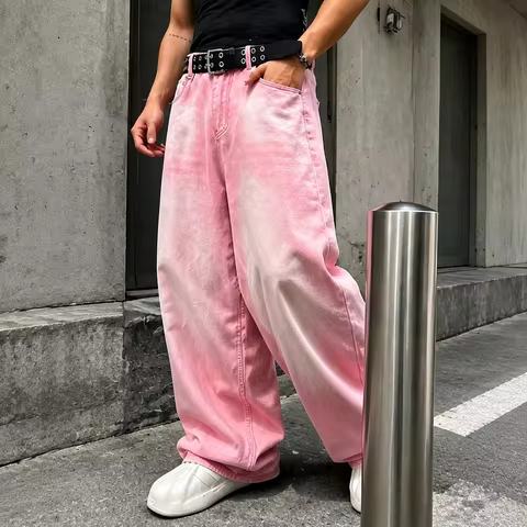 Vintage Men's Gradient Baggy Denim Jeans Loose Draped Floor‑Length Straight Denim Pants Hip Hop Stre